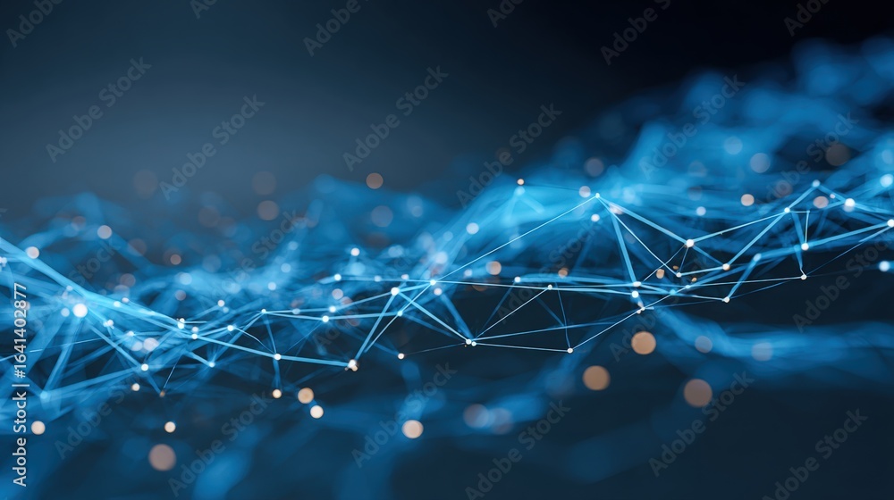 Poster abstract technology background with interconnected network nodes and lines, representing data connec