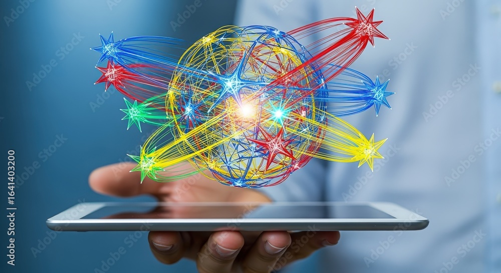 Poster global network connection concept: hand holding tablet displaying interconnected nodes and data visu