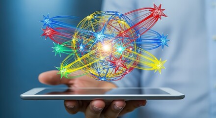 Global Network Connection Concept: Hand Holding Tablet Displaying Interconnected Nodes and Data Visualization