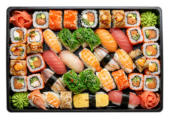 Assortment of Japanese sushi and maki rolls on a rectangular platter, top view