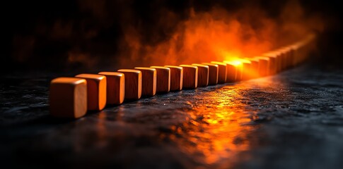 Dominoes toppling one by one cause effect chain