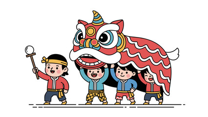 Fototapeta premium A group of cute children celebrating with a traditional Chinese lion dance performance