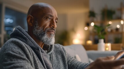 Close-up of middle-aged Black man using smart home device in eco-friendly interior