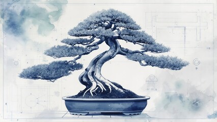 Stylized Bonsai Tree in Pot, Blue Toned Illustration with Blueprint Background