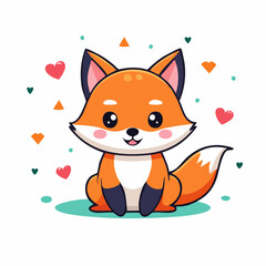 Adorable Cartoon Fox Surrounded by Hearts and Geometric Shapes on White Background