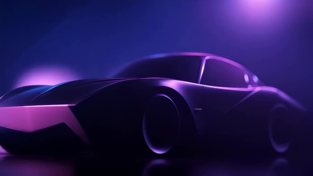 Futuristic sports car concept emerging from darkness with neon pink and purple light, 3d animation video