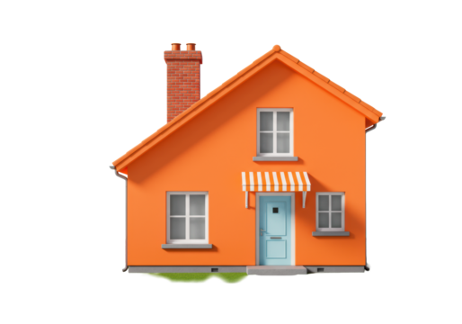 Modern detached house with orange walls, pitched roof, red chimney, blue door, striped awning, green bushes, white background, soft studio lighting, concept of inviting home and real estate