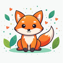 Obraz premium Adorable Cartoon Fox Surrounded by Hearts, Stars and Leaves in a Playful Setting