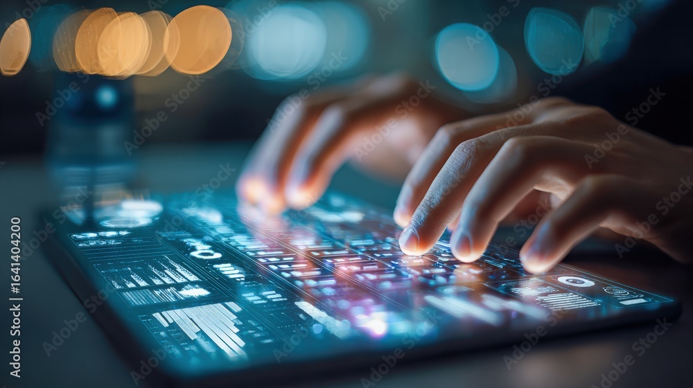 Aufkleber hands typing on futuristic tablet display with holographic interface, representing technology and in