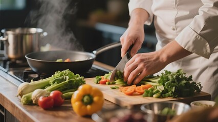 Chef slicing vegetables on a cutting board in a kitchen with steam rising from a pan