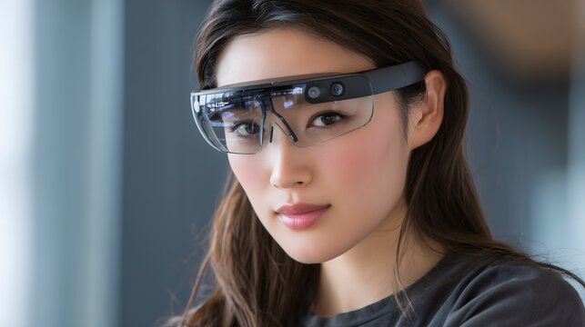 Augmented reality technology with young Asian woman in eco-friendly futuristic office