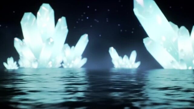 Glowing Ice Formations Emerging from Rippling Water, Creating an Ethereal and Mystical Atmosphere