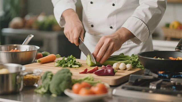 Chef slicing vegetables on a cutting board in a kitchen