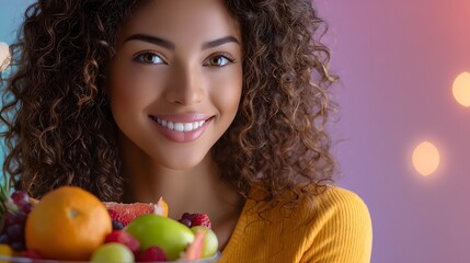 Nutrition and wellness concept with young Black woman holding fresh fruits bowl
