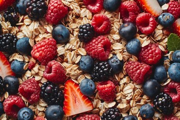 Rolled oats, raspberries, blueberries, blackberries and sliced strawberries create a vibrant and healthy breakfast background