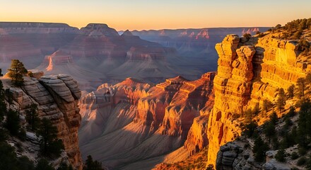 Spectacular Canyon Vista at Sunrise: Majestic Cliffs and Layers Bathed in Warm, Golden Light, a Natural Wonder.