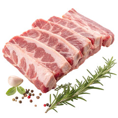 Fototapeta premium Raw pork ribs with rosemary garlic and peppercorns isolated on transparent background
