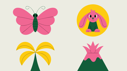 Retro Cartoon Illustrations Pink Butterfly, Easter Bunny, Palm Tree, and Volcano Elements