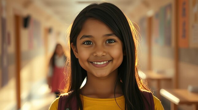 Happy dark-skinned little schoolgirl girl during school break in yellow clothes and with backpack.