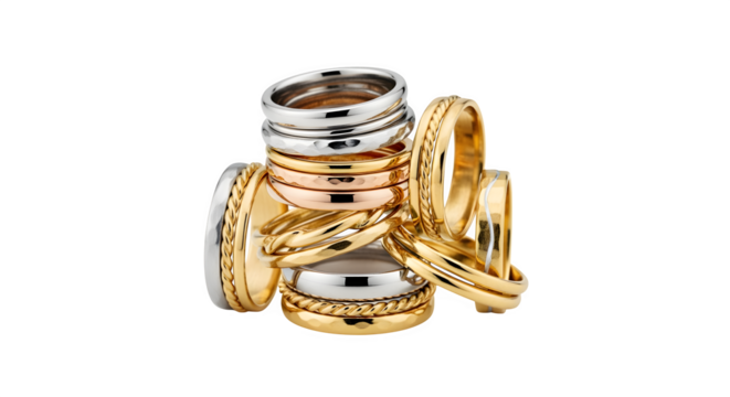 Stacking rings in mixed metals, isolated on white background