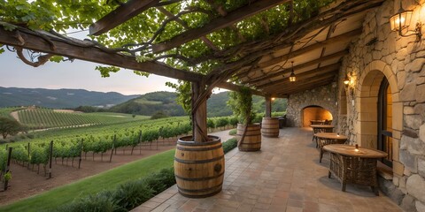 View of vineyard from stone patio with wooden pergola and barrels holding vines at a winery estate