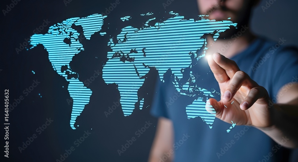 Aufkleber global connection interface: man interacting with digital world map, representing technology and int