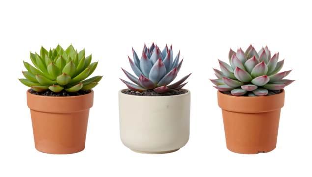 Collection of three assorted succulent plants in stylish pots against transparent backdrop, adding