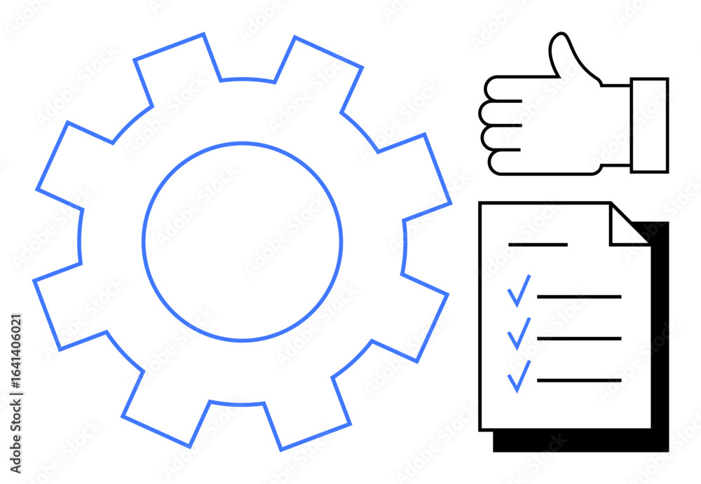 Poster large gear alongside checklist with marked items and thumbs-up icon representing workflow, productiv