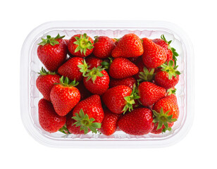Top-Down View of Organic Strawberries in Clear Plastic Clamshell Box, Transparent Background