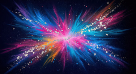Obraz premium Vibrant abstract cosmic explosion of neon colored light with layered airbrush effects and splattered metallic inks.