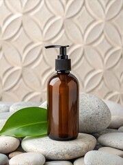 Brown Soap Bottle on Stones with Green Leaf