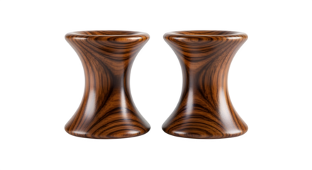 Stretched ear plugs in wood texture, isolated on white background