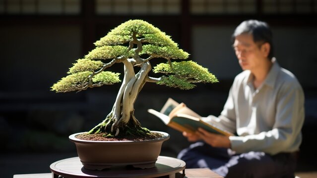 Peaceful scene with a man reading a book beside a meticulously cultivated bonsai tree, reflecting tradition and mindfulness