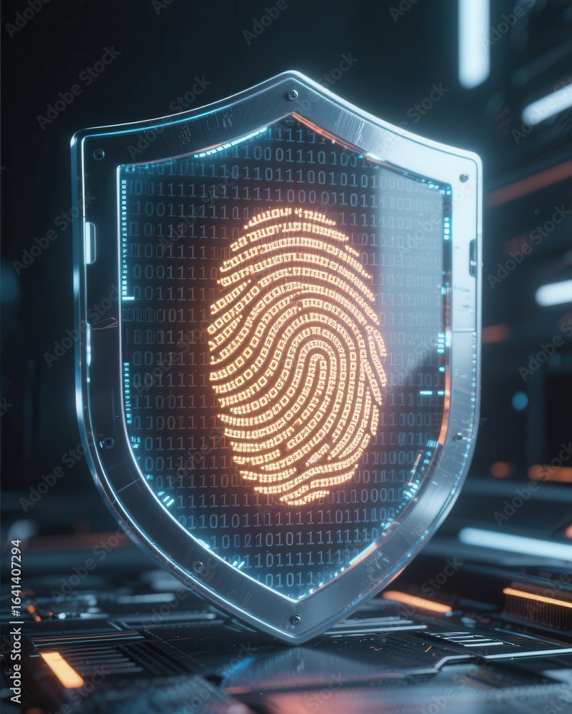 Poster digital shield featuring a fingerprint design, symbolizing security and authentication in technology