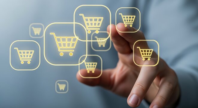 Online Shopping Interface: Hand Touching Virtual Carts Representing E-Commerce and Digital Retail Opportunities