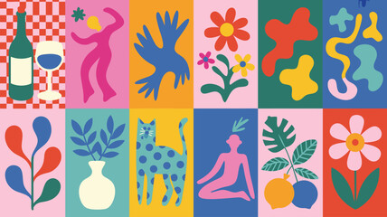 Colorful Modern Art Bottle, Dancer, Bird, Flowers, Abstract Shapes, Plants, Cat, Figure, Fruit, Daisy