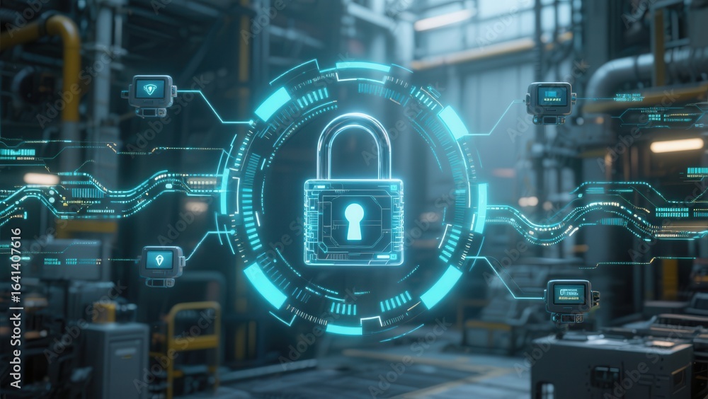 Poster digital padlock interface in a high-tech industrial setting highlighting cybersecurity concepts.