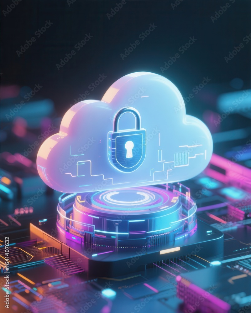 Poster cloud security concept with a padlock symbol on a digital circuit background.