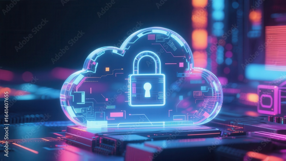 Poster digital cloud with a padlock, symbolizing cybersecurity and data protection in a tech environment.