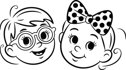 Cartoon boy with glasses and girl with polka dot bow, cute kids face illustration, black and white line art