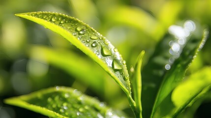 Close-up of fresh tea leaves with morning dewdrops, showcasing natural botanical details.