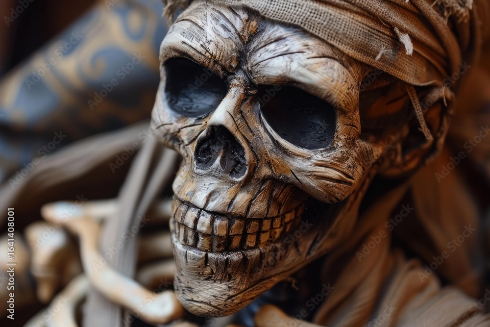 Aufkleber close up of a skeleton skull with a headband, creating a spooky and mysterious atmosphere