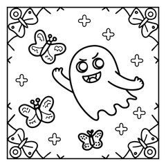 Ghost on the Dark Halloween Coloring Page – Spooky Haunted Night Scene with Ghosts, Pumpkins, and Bats Line Art for Kids and Adults. Halloween Coloring Pages