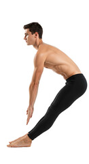 Obraz premium Sports Athletes - Young man stretching muscles wearing black leggings isolated on white background, fitness and flexibility exercise, perfect for sports and workout content