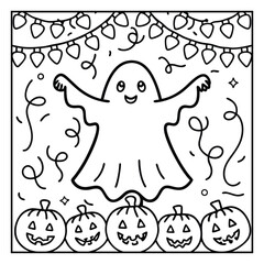 Ghost on the Dark Halloween Coloring Page – Spooky Haunted Night Scene with Ghosts, Pumpkins, and Bats Line Art for Kids and Adults. Halloween Coloring Pages
