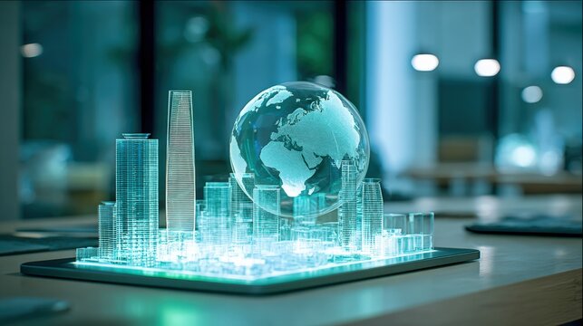 Holographic Cityscape Globe Displayed on Tablet Device for Modern Technology and Urban Planning Visualization - Powered by Adobe