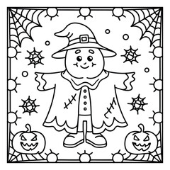 Ghost on the Dark Halloween Coloring Page – Spooky Haunted Night Scene with Ghosts, Pumpkins, and Bats Line Art for Kids and Adults. Halloween Coloring Pages
