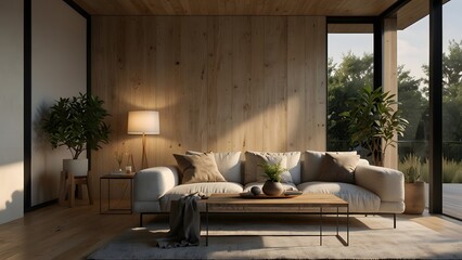 Sunlit modern living room with a wooden accent wall, a comfortable sofa, and large windows revealing a serene green landscape.