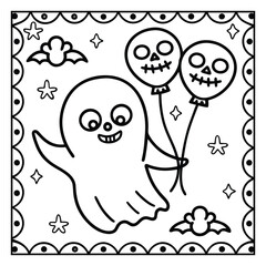Obraz premium Ghost on the Dark Halloween Coloring Page – Spooky Haunted Night Scene with Ghosts, Pumpkins, and Bats Line Art for Kids and Adults. Halloween Coloring Pages