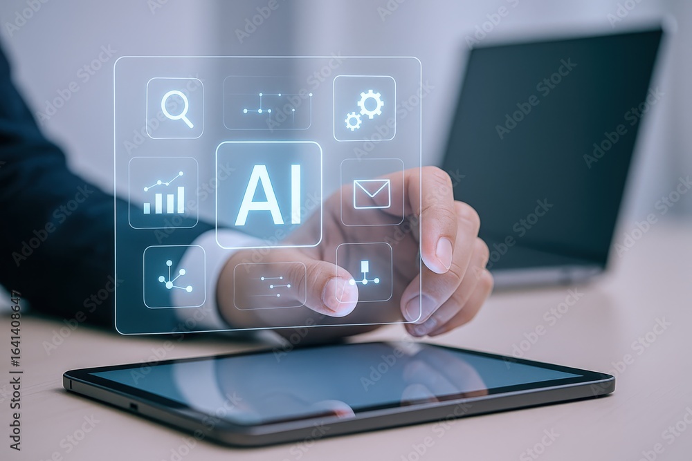 Poster ai integration: business professional interacting with artificial intelligence interface on tablet f